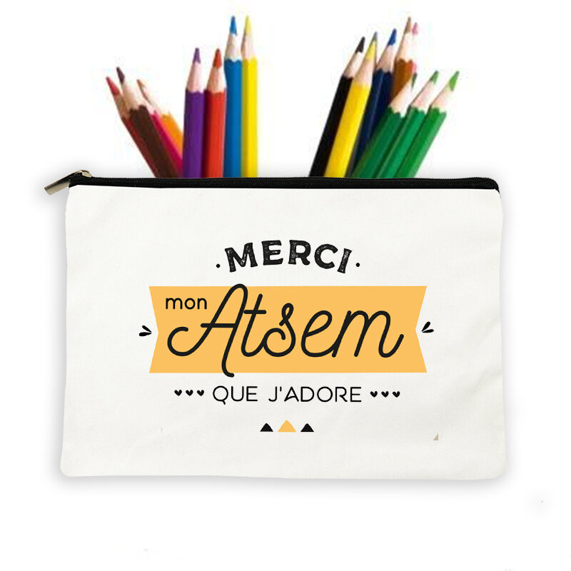 감사합니다 Atsem 프랑스어 인쇄 대용량 연필 케이스 학교 문구 용품 보관 가방 여행 메이크업 워시 파우치 최고의 선물