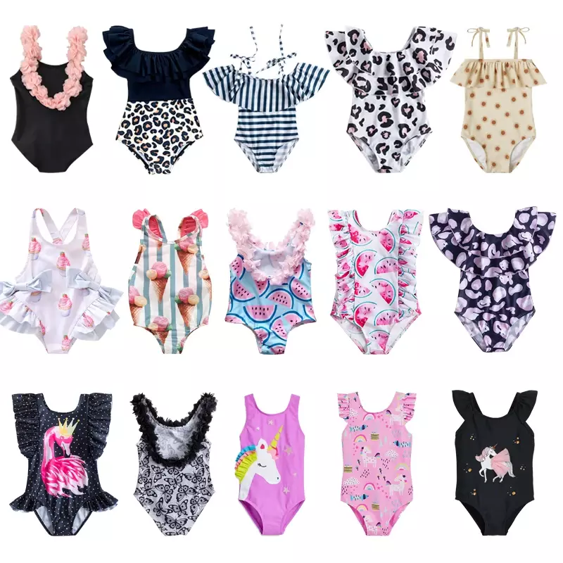 2024 Summer 1-5 Years Girls Swimsuit One Piece Swimsuit Flower Leopard Printing Swimwear For Children Summer Bikini Bathing Suit