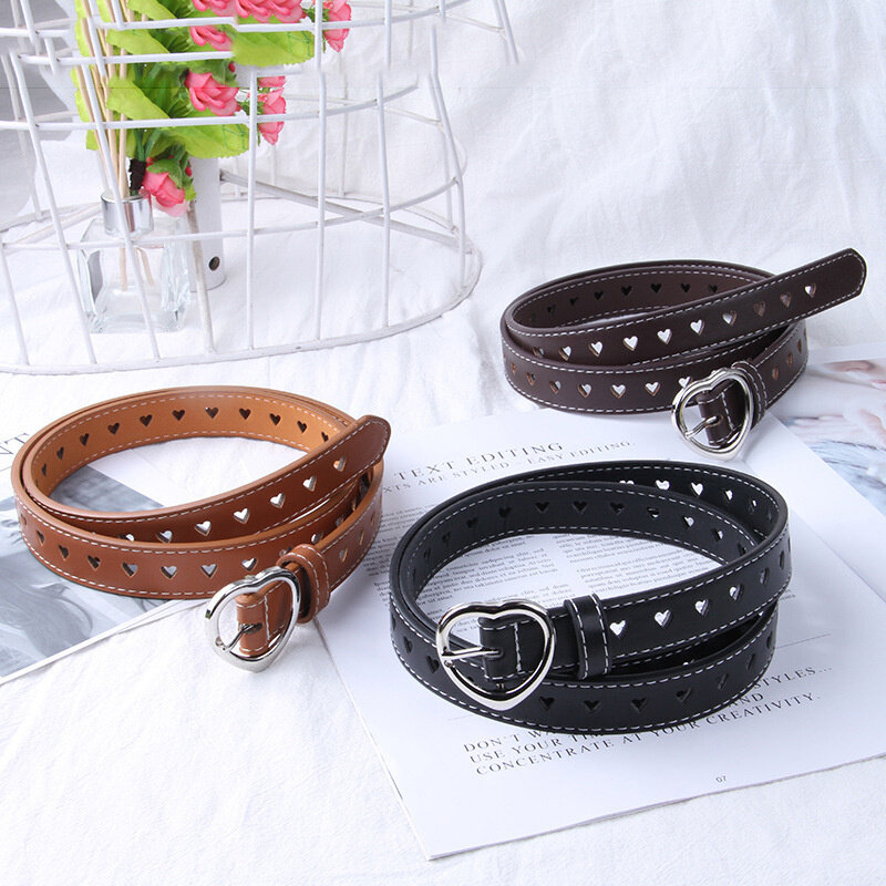 Women PU Leather Belt Hollow Out Loving Heart Ladies Waist Belt Trousers Pin Buckle Leather Female Vintage Waistband