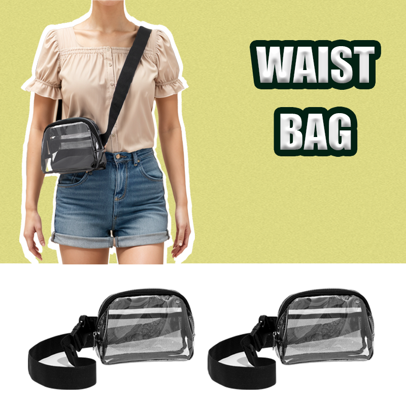 투명 PVC 메쉬 포켓 내부 플라스틱 버클 허리 가방, 확장 가능한 스트랩, 어깨 메신저 백으로 사용할 수 있음