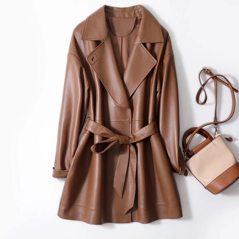 Julypalette-chaquetas de piel auténtica para mujer, abrigos de longitud media con cinturón negro y marrón, prendas de vestir de piel de oveja, novedad de 2023