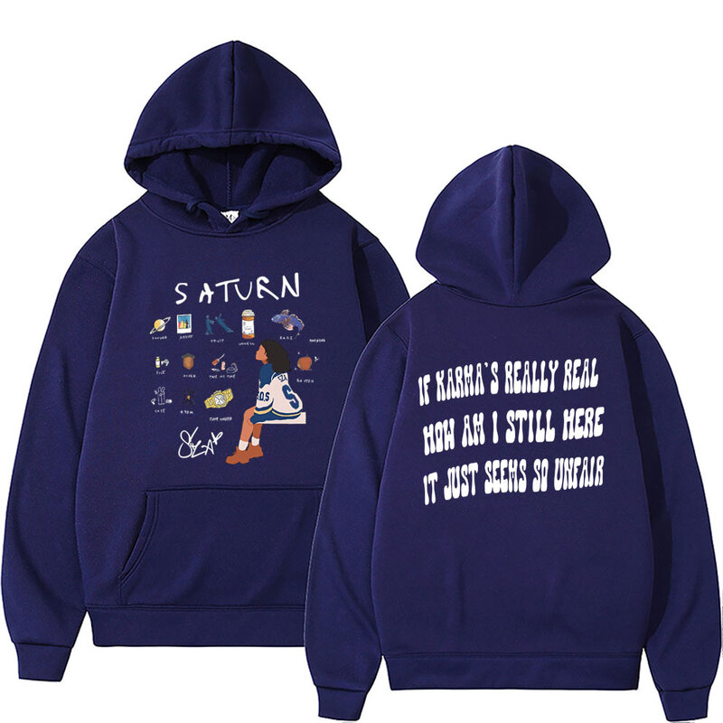 Rapper SZA 2024 Hoodie grafis Pria Wanita, Album baru Saturn bersisi ganda Hip Hop Vintage Streetwear Pullover katun kasual pria