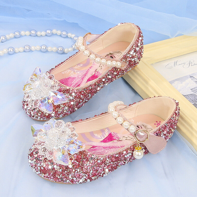 Disney Girl's Shoes Frozen Elsa Princess Soft Sole Shoes Summer Children's Crystal Pearly Shiny Girls Pink Blue Shoes