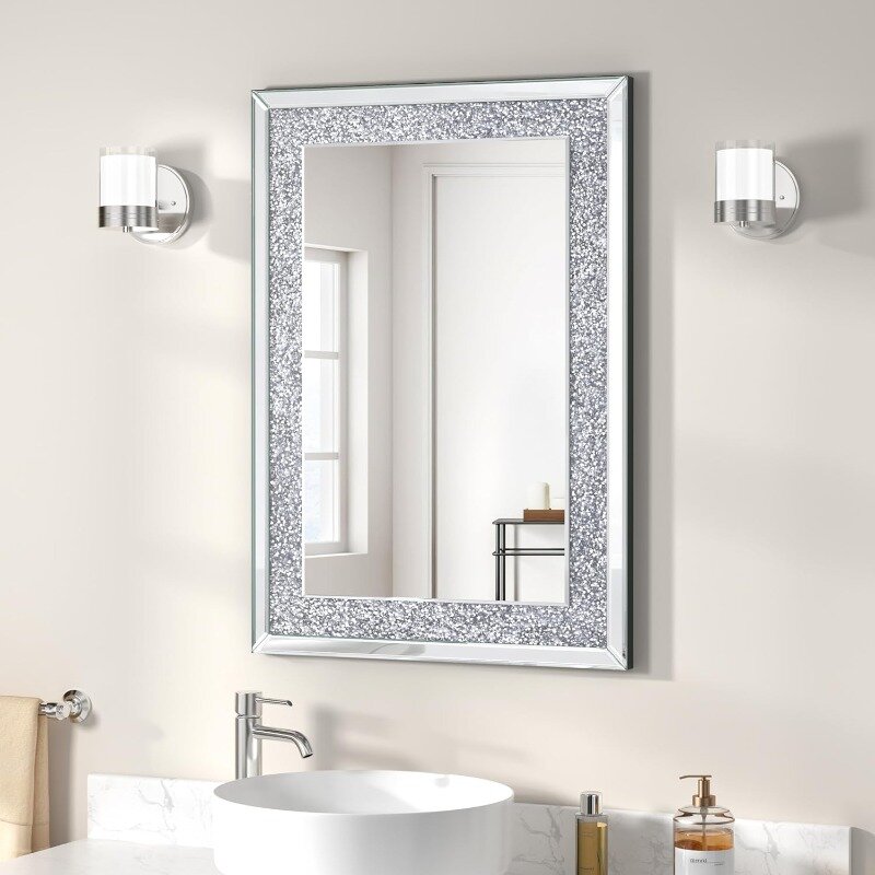 Crystal Wall Mirror 36"×24" Black Crushed Diamond Mirror for Wall Docor Rectangle Silver Decorative Wall Mirror for Bathroom