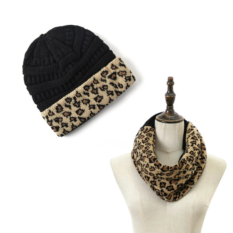 Женский вязаный комплект из шапки и шарфа, с леопардовым принтом
