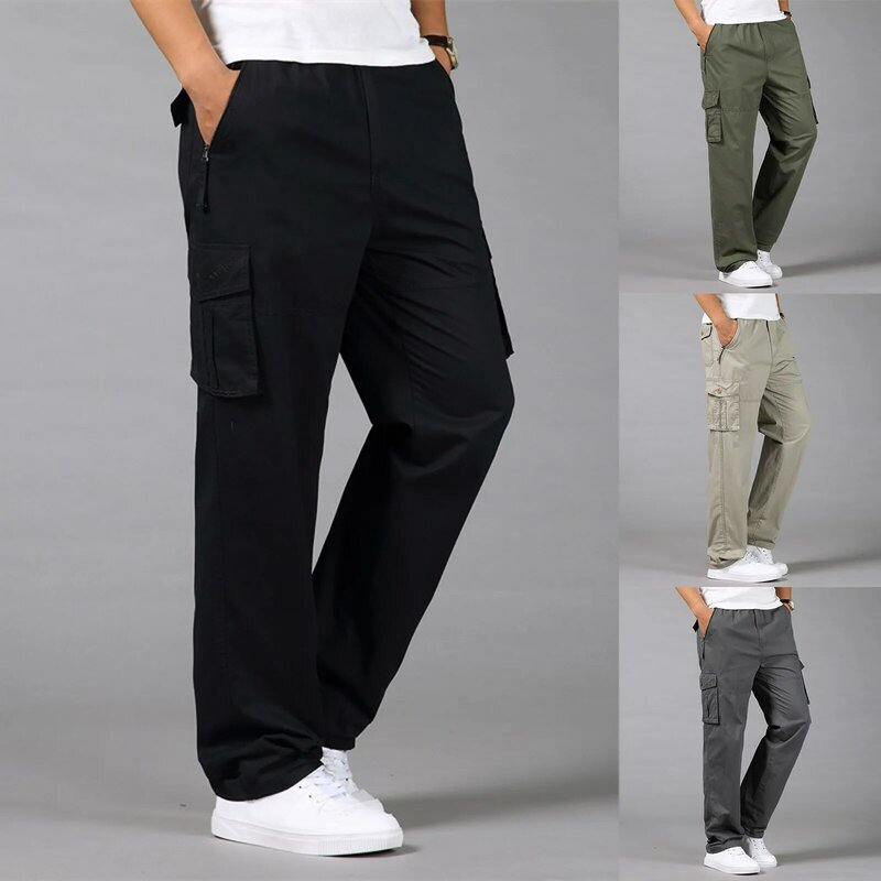 2024 New Male Trousers Mens Joggers Solid Multi-Pocket Pants Sweatpants Loose Size Summer Men Pants Hip Hop Harem Joggers Pants