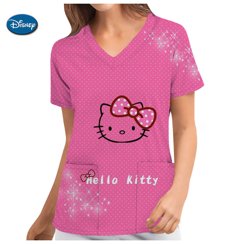 Hello Kitty Cartoon Print Enfermeira Uniforme para Mulheres, Enfermeira Trabalhando Blusa, Túnica de Bolso, Assistência Médica, Cuidador Scrubs