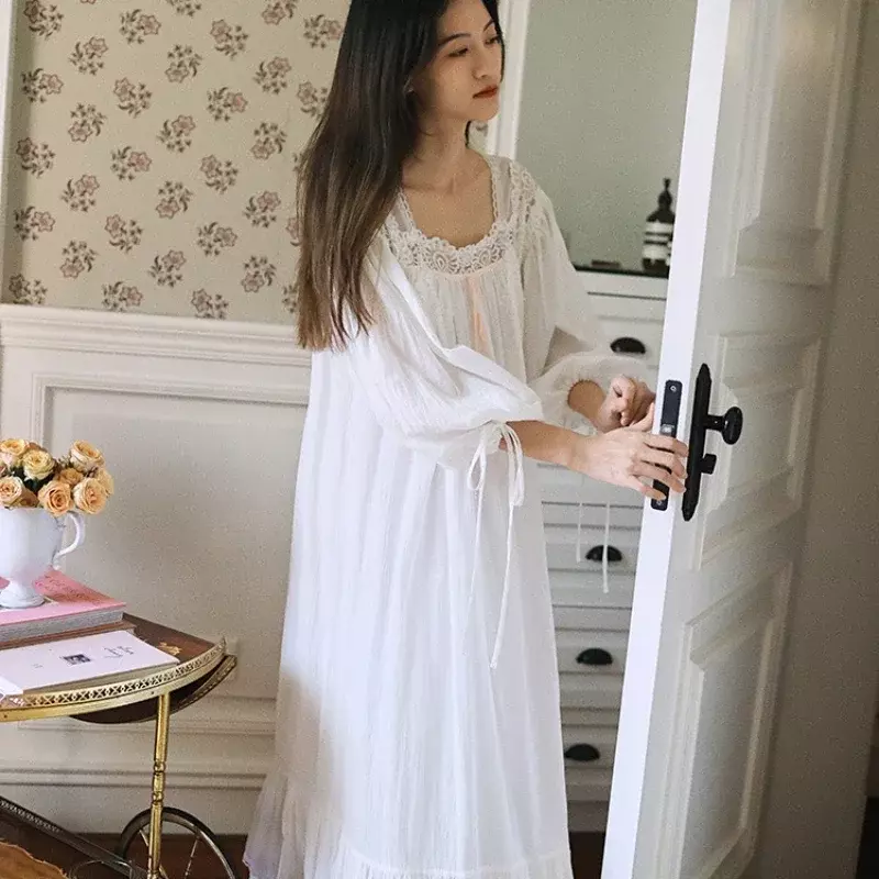 White Fairy Pure Cotton Nightdress Sweet Winter Princess Square Collar Long Sleepwear Vintage Victorian Full Sleeve Nightgown