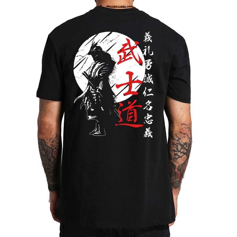 เสื้อยืด SAMURAI Spirit สำหรับผู้ชายสไตล์ญี่ปุ่นด้านหลังพิมพ์ลายหลวม100% ผ้าฝ้ายเสื้อยืดของขวัญชาย bushido