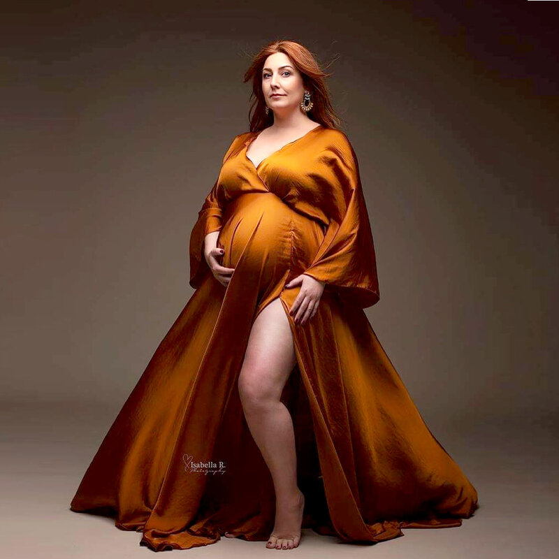 Vestido de fotografía de maternidad, elegante vestido de gasa de satén suave de manga larga, bohemio para sesión de fotos del embarazo
