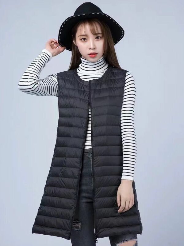 여성 크루넥 라이너 다운 재킷 조끼, 한국 스타일 경량, 중간 길이, 빅 사이즈 슬림핏, 2023 가을 겨울