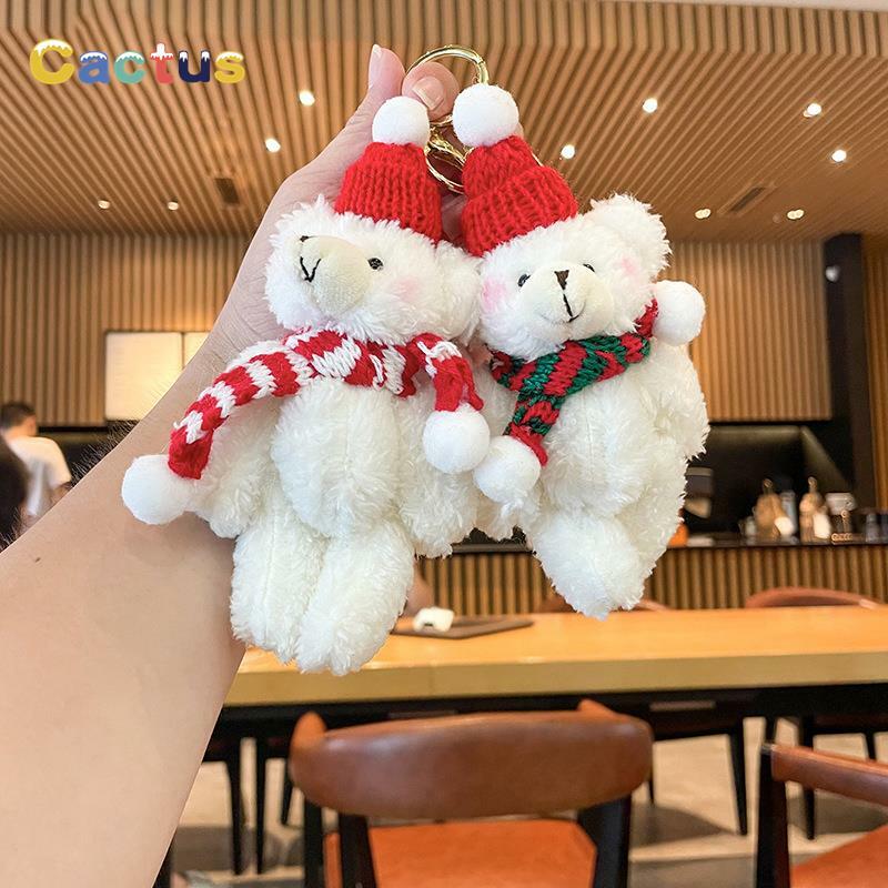 1PCS 16cm Cute Plush Toy Bear Stuffed Animals Keychain with Christmas Hat Long Scarf Bear Toys Keyring Xmas Gift Decoration