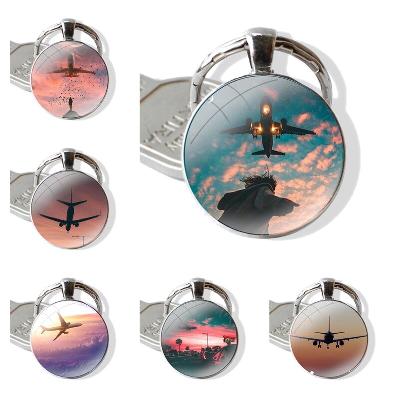 Aircraft Airplane Plane fly travel cloud Keychain Handmade Glass Cabochon Key Ring Holder Pendant Key Chains