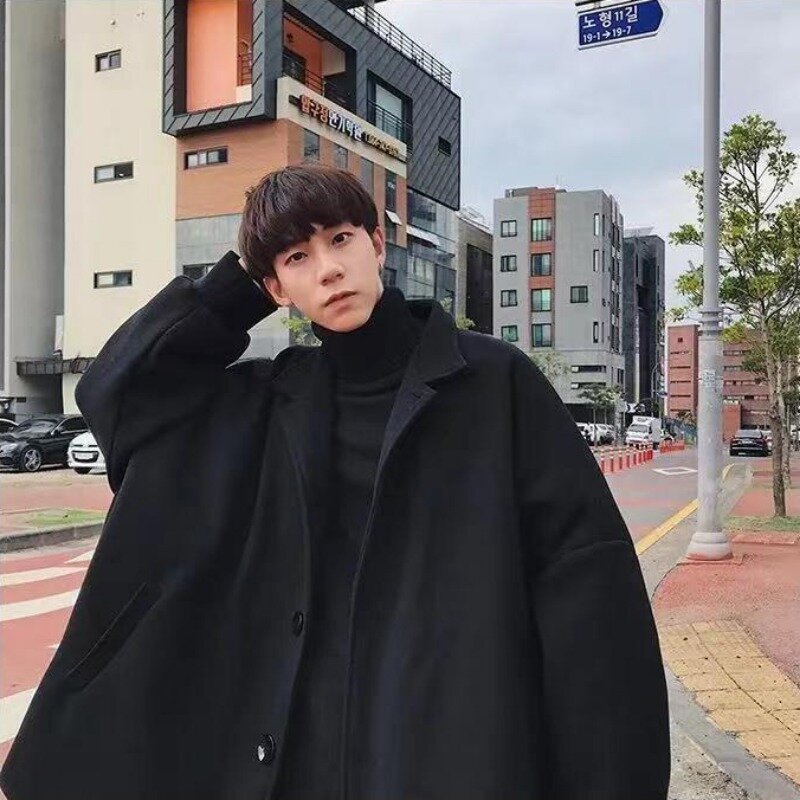 Chaqueta Harajuku de lana negra para hombre, abrigo suelto de talla grande, ropa de invierno de gran tamaño, ropa de calle coreana, chaquetas de mezclas gruesas a la moda