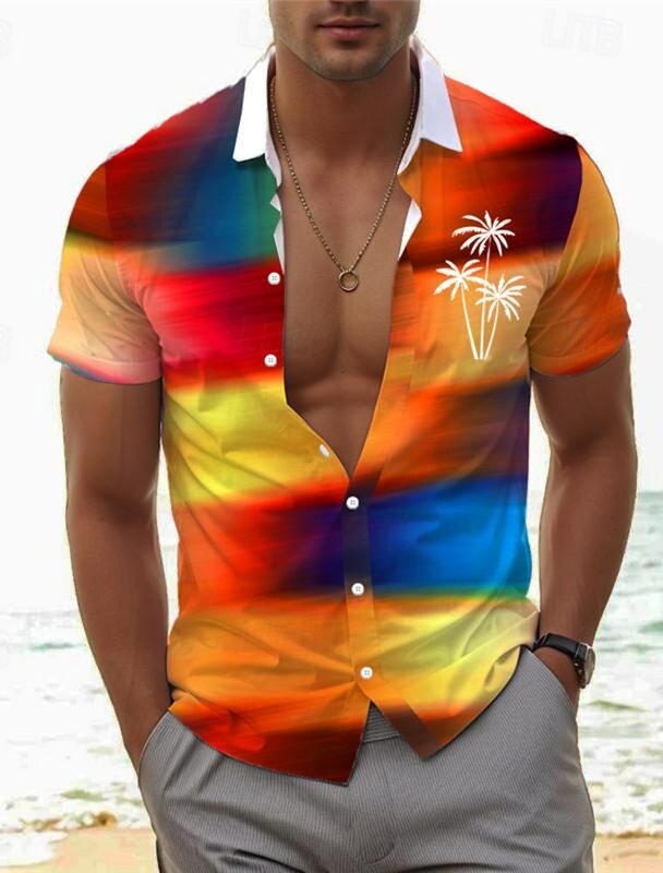 Мужская пляжная рубашка на пуговицах, голубая пляжная рубашка с 3D-принтом пальмы и тропических деревьев, с короткими рукавами и градиентом, повседневная одежда для отпуска на лето 2019