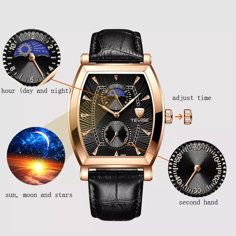 Klasyczny zegarek Tonneau Case dla mężczyzn faza księżyca moda zegarki kwarcowe męskie mężczyzna zegar wodoodporny różowe złoto Relogio Masculino