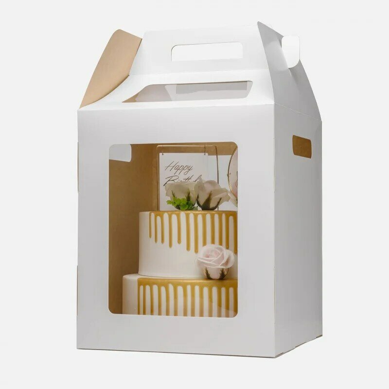 Cajas de pastel altas blancas personalizadas para fabricantes de productos personalizados con ventana, embalaje de pastel reciclable de grado alimenticio para cuñas de fiesta