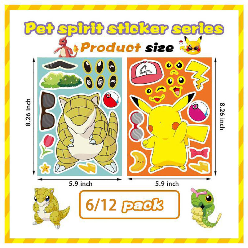Pokémon Puzzle Anime Adesivos para Crianças, Make-a-Face Montar, Decalque Engraçado Dos Desenhos Animados, Brinquedo Quebra-cabeça, Presente Do Menino, 6, 12 Folhas