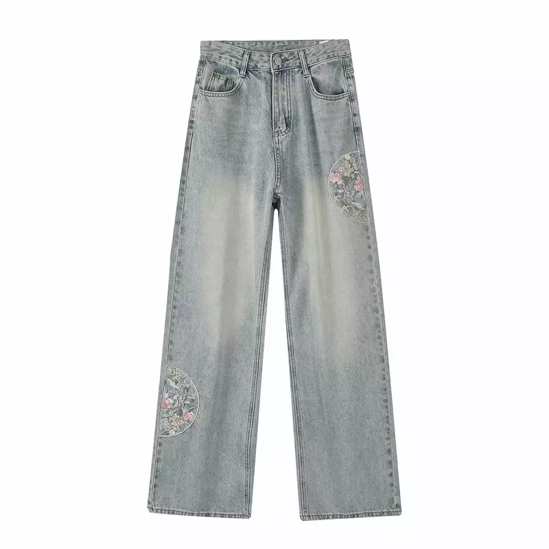22 Women's 2024 New Fashion Patch Embroidered Flower Decoration Casual Jeans Retro High Waist Side Pocket Women's denim pants