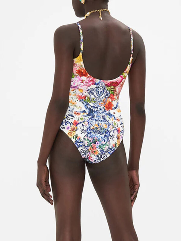 Женский слитный купальник с цветочным принтом, элегантное бикини, роскошная пляжная одежда для отпуска, 2024