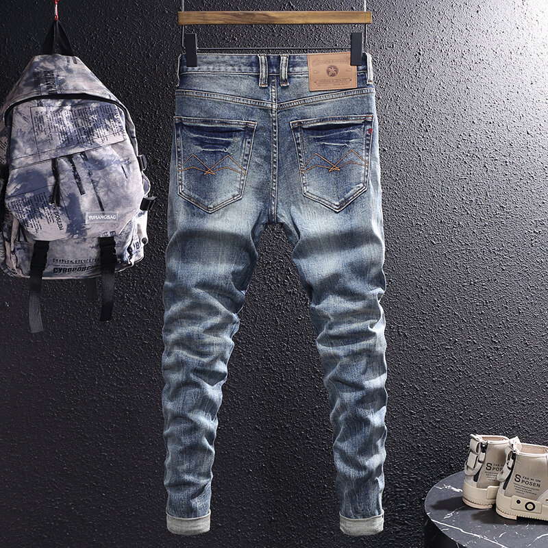 Modedesigner Männer Jeans trend ige Hose hochwertige Retro blau elastische Slim Fit Vintage Jeans Männer lässig Jeans hose Hombre