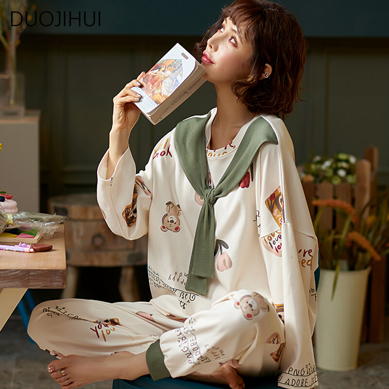 DUOJIHUI Fashion Two Piece Print Casual Home Pajamas for Women New Sweet Pullover Simple Loose Pant Spell Color Female Sleepwear