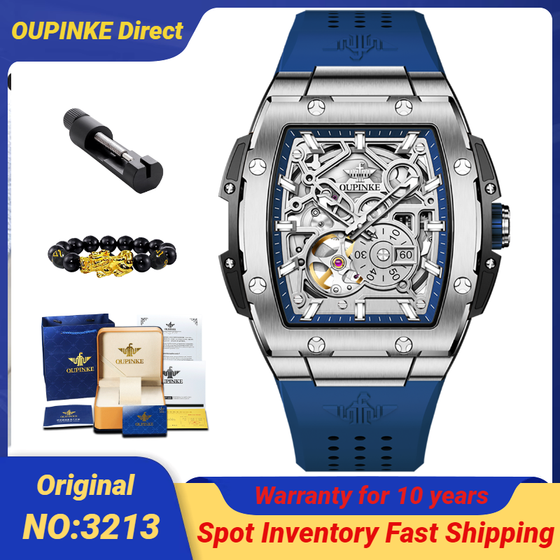 OUPINKE-Relógio mecânico masculino com fita de silicone, relógio Tonneau, Hollow Out, Automático, Top Brand, Original, 3213