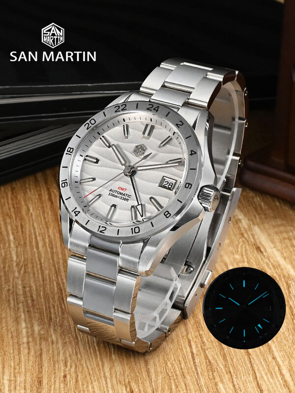 San Martin jam tangan pria, baru 39mm tekstur gurun mewah pakaian bisnis GMT NH34 mekanis otomatis tahan air 100m bercahaya SN0129
