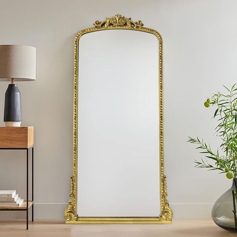 Espejo arqueado de longitud completa para el suelo, retrovisor Vintage con acabado de lámina dorada, estilo barroco adornado, para chimenea, vestidor de entrada