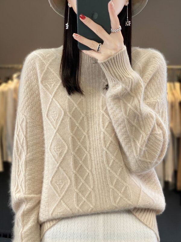 100% Merinowolle Pullover Frauen Herbst Winter dicke Pullover O-Ausschnitt Twist lange Ärmel lässig Kaschmir gestrickt koreanische Mode