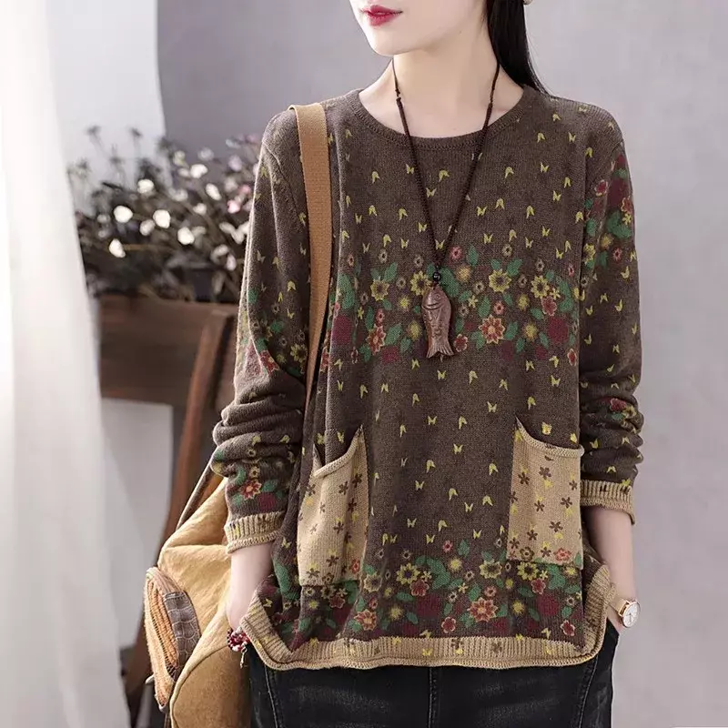 Весенне-осенний вязаный пуловер в винтажном стиле с принтом в стиле пэчворк, повседневный свободный мягкий модный свитер с круглым вырезом для женщин Z238