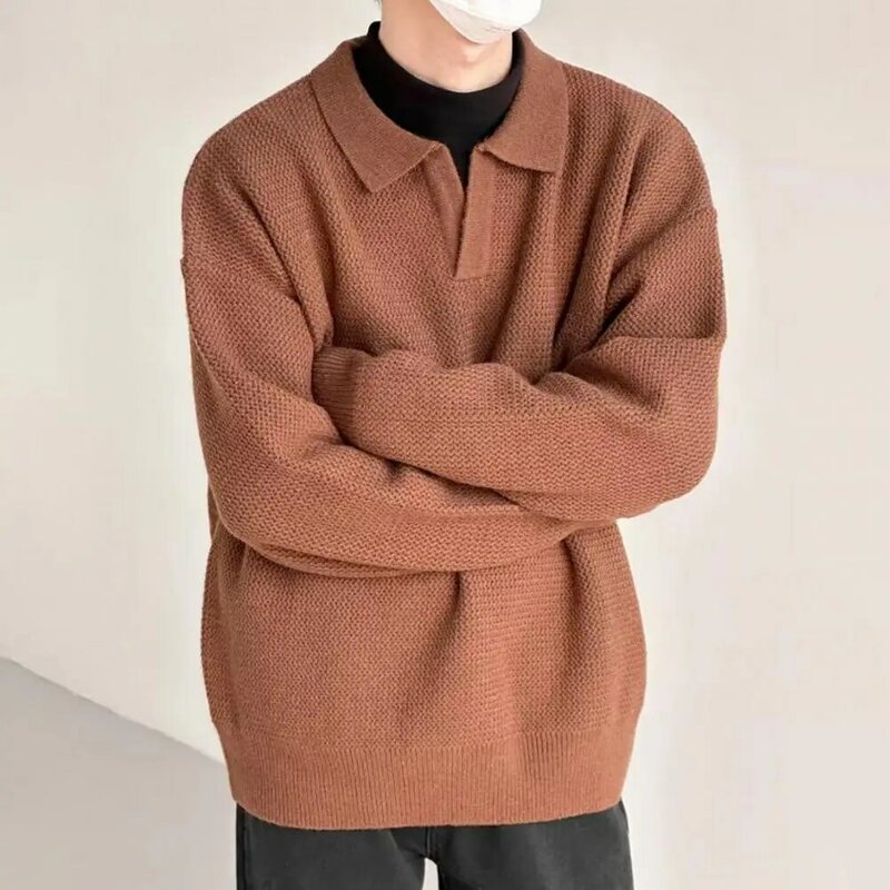 Camisola de malha solta masculina, lapela, pulôver de manga comprida, malha de cor sólida, estilo streetwear, tops para outono e inverno