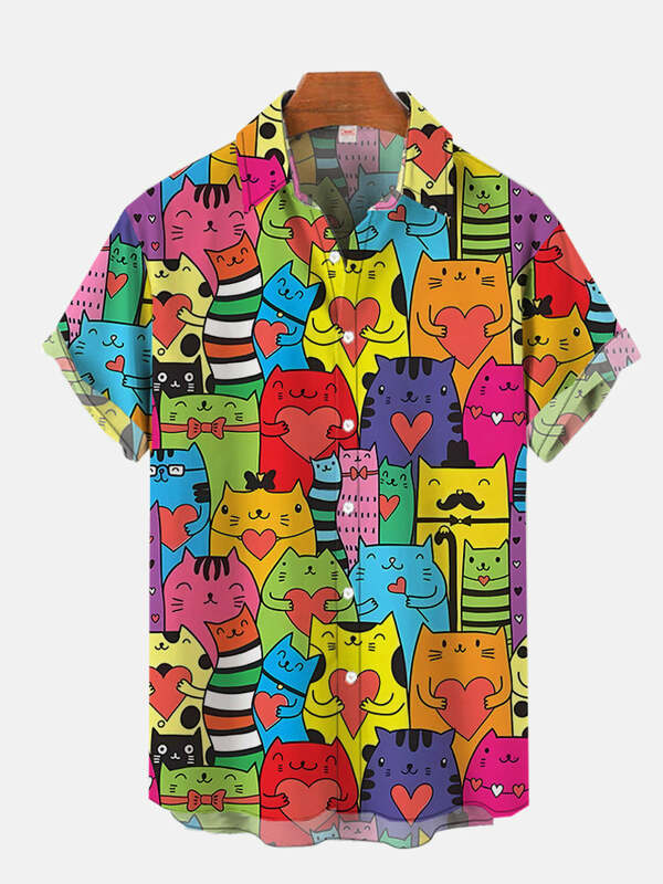 Мужская Повседневная рубашка с принтом кота, Классическая гавайская рубашка с короткими рукавами и 3D-принтом, в стиле Харадзюку