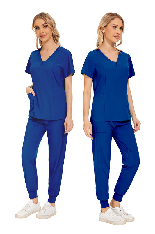 Vrouwen Medische Uniformen Elastische Scrubs Sets Ziekenhuis Chirurgische Jurken Korte Mouw Tops Broek Verpleegkundige Accessoires Artsen Kleding