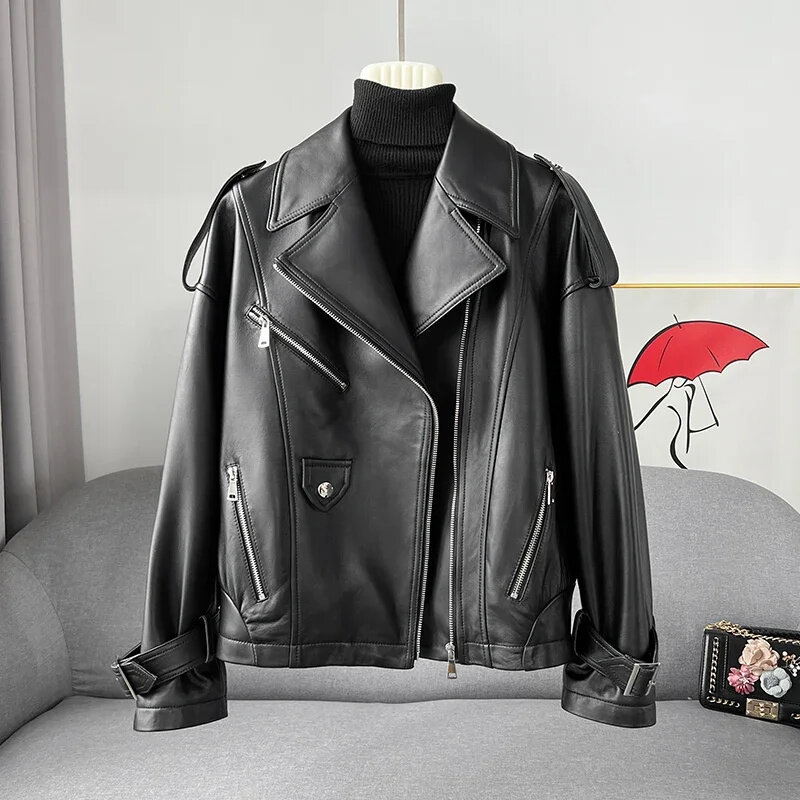 Jaqueta de couro genuíno feminina, casaco de motocicleta, jaqueta solta de pele de carneiro, top rosa curto, novo, primavera 2022