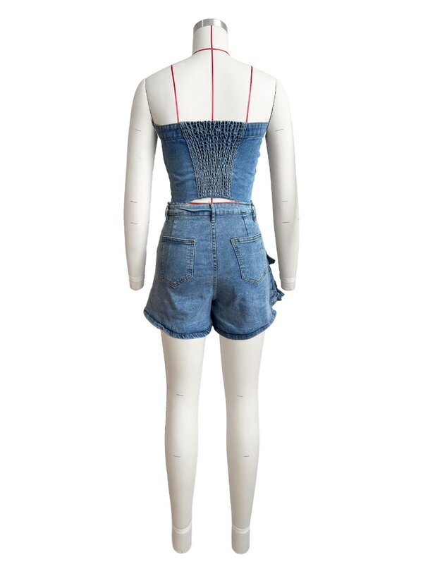 ชุดผ้ายีนส์2ชิ้นสำหรับผู้หญิงเสื้อกล้ามเกาะอกไร้สายกระดุมแถวเดียวกระเป๋าหลากหลายกระโปรงยีนส์ยืดชุด culotte