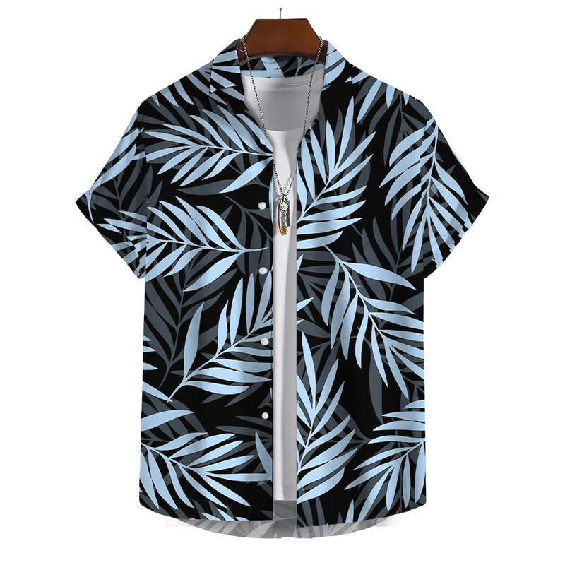 남성용 하와이안 셔츠, 3D 프린트 낙엽 그래픽 패션, 단추 반팔 라펠 스트리트웨어 블라우스, 여름