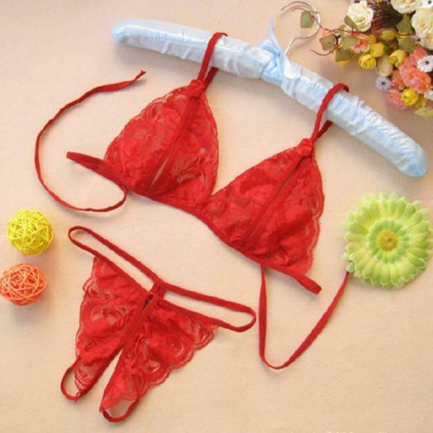 Sexy Lace-up Lingerie Set Women Hot Exotic Open Crotch Transparent Underwear G-string Bandage Bikini Three-point Set