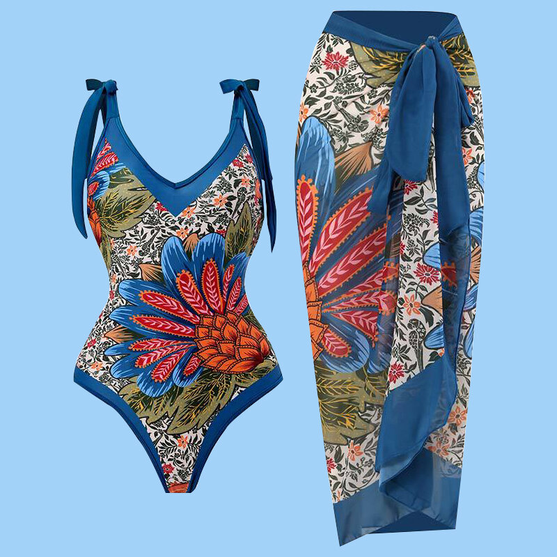 Conjunto de biquíni plissado estampado floral para mulheres, maiô push up, swimwear bandagem de cordas, maiô brasileiro, 2 peças por conjunto