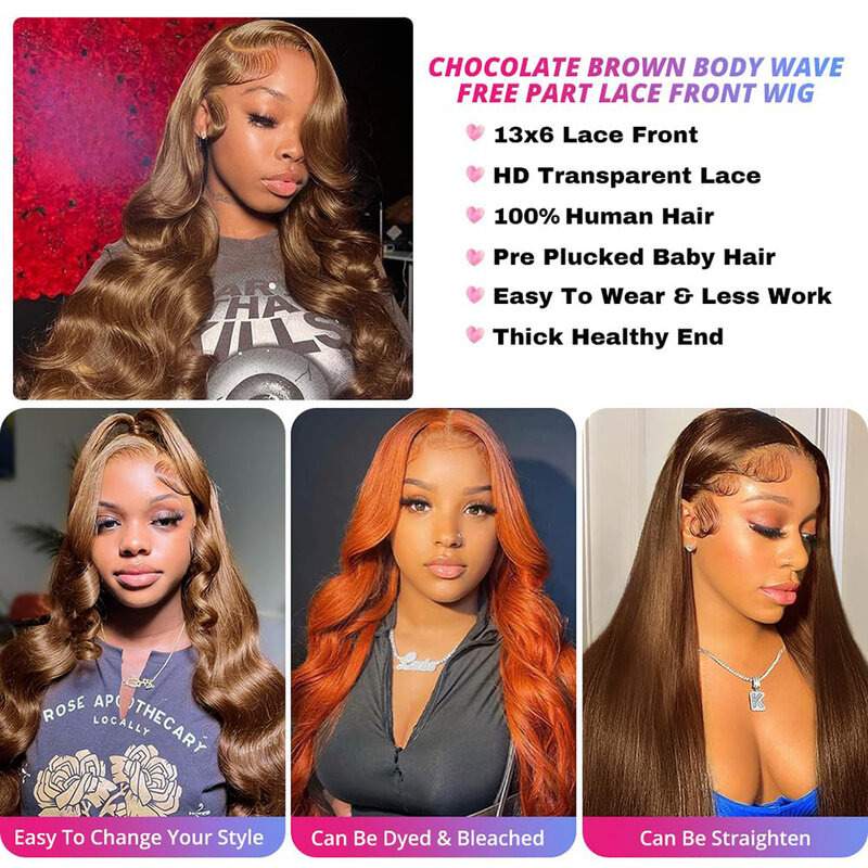 13X6 Chocolate Brown Loose Wave Lace Front Wigs Human Hair 13x4 HD Transparent Loose Body Wave Brown Colored Glueless Wigs 180%