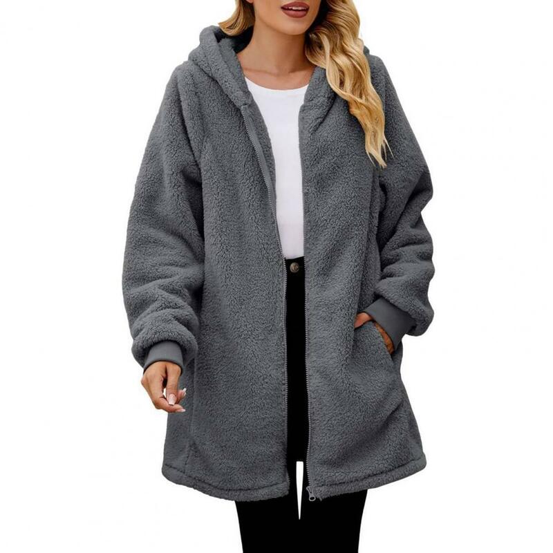 Женское Свободное пальто, удобное зимнее пальто с капюшоном, с плюшевой подкладкой и застежкой-молнией, теплый кардиган средней длины, куртка на осень