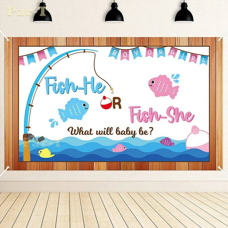 Gone fishing gênero revelar poster foto pano de fundo azul menino rosa menina chá de fraldas festa fundo decoração para os pais a ser