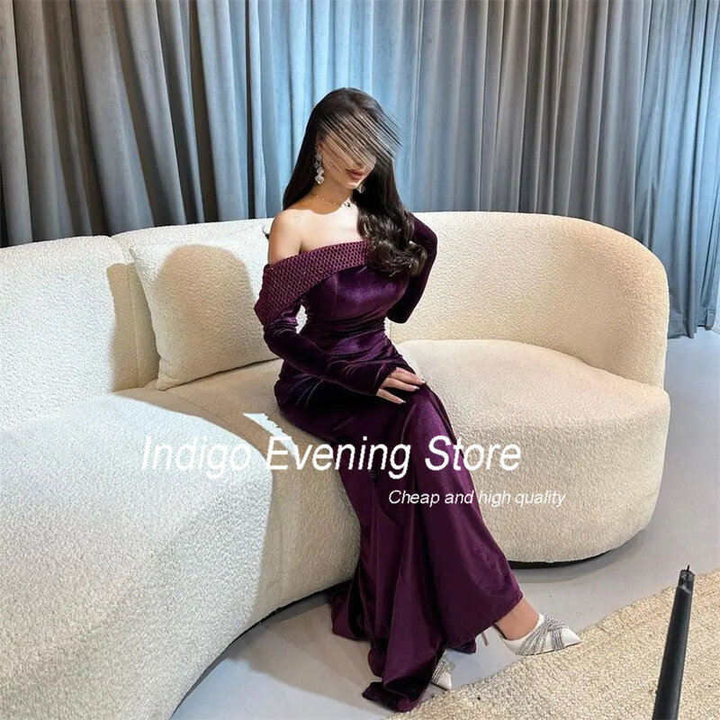 Indigo Mermaid Prom Dresses Strapless Long Sleeve Open Back Velvet Elegant Evening Gowns For Women 2024 Sweep Train فساتين الس