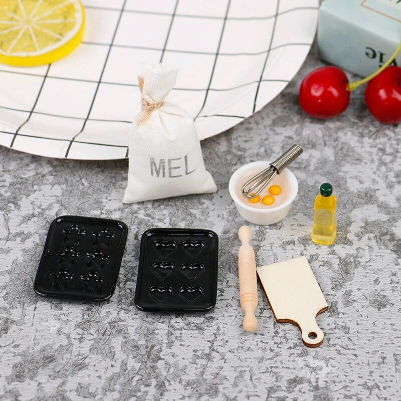 8pcs/set 1:12 Dollhouse Miniatures Rolling Pin Egg Bowl Olive Oil Set Kitchen Baking Tools Kitchen Accessories Toys