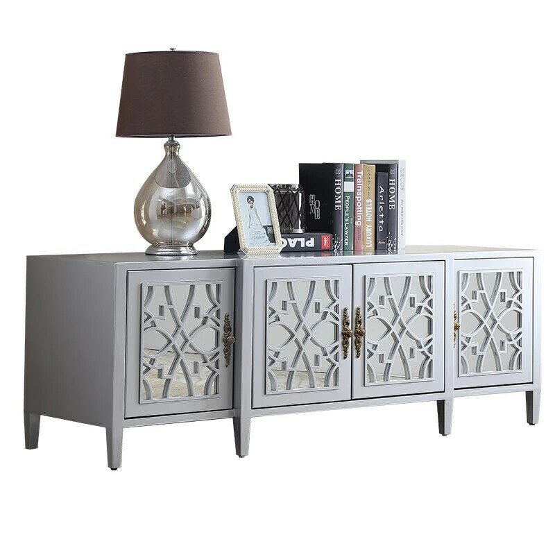 Современный бутик в скандинавском стиле, длинный ТВ-шкаф серебряного цвета с моделированием для хранения, длинный стол для гостиной