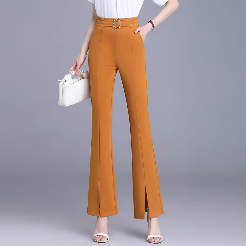 Новинка 2024, однотонная женская одежда с асимметричной высокой талией, летние модные офисные женские расклешенные брюки, женские универсальные повседневные брюки