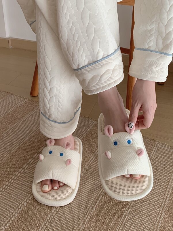 Women Slippers Cute Hippopotamus Linen Slippers For Men And Women In Spring And Summer. Non Slip Couple In Bedroom. Cartoon