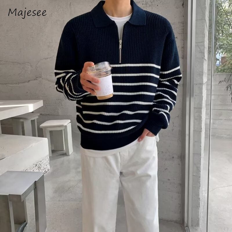 Men Pullovers Striped Classical Zipper Loose Autumn Long Sleeve College Casual Retro Korean Style Daily Fashion Turn-down Collar