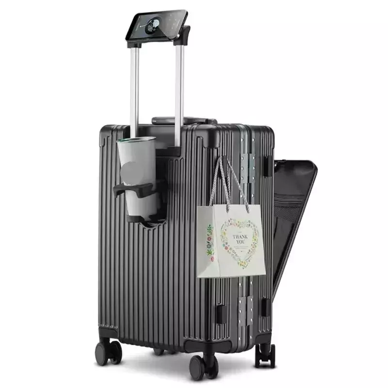 2023 New 18 20 Inch Front Opening Aluminum Frame Rolling Luggage USB Cup Holder Phone Holder Suitcase
