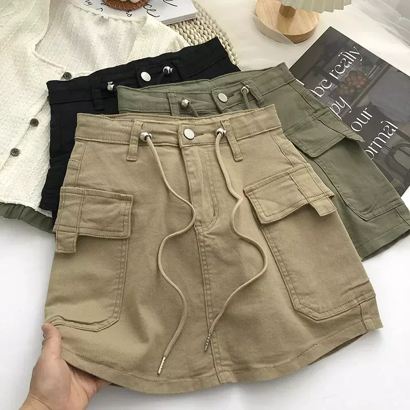 Caofimao-minifalda de cintura alta con cordón para Mujer, ropa de calle con bolsillos grandes, A la moda, 2023